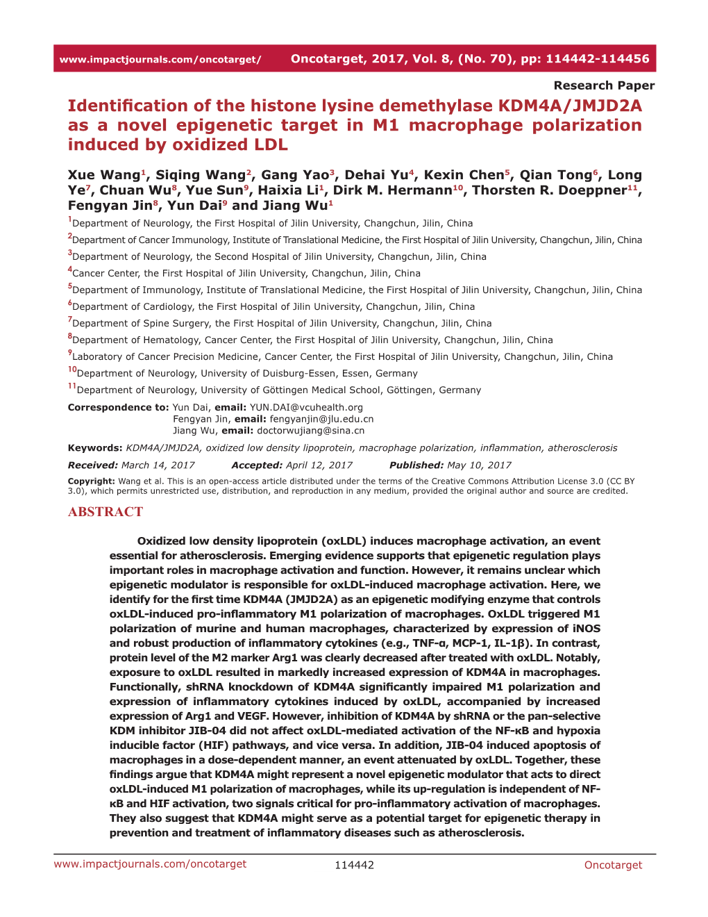 Identification of the Histone Lysine Demethylase KDM4A/JMJD2A As a Novel Epigenetic Target in M1 Macrophage Polarization Induced by Oxidized LDL