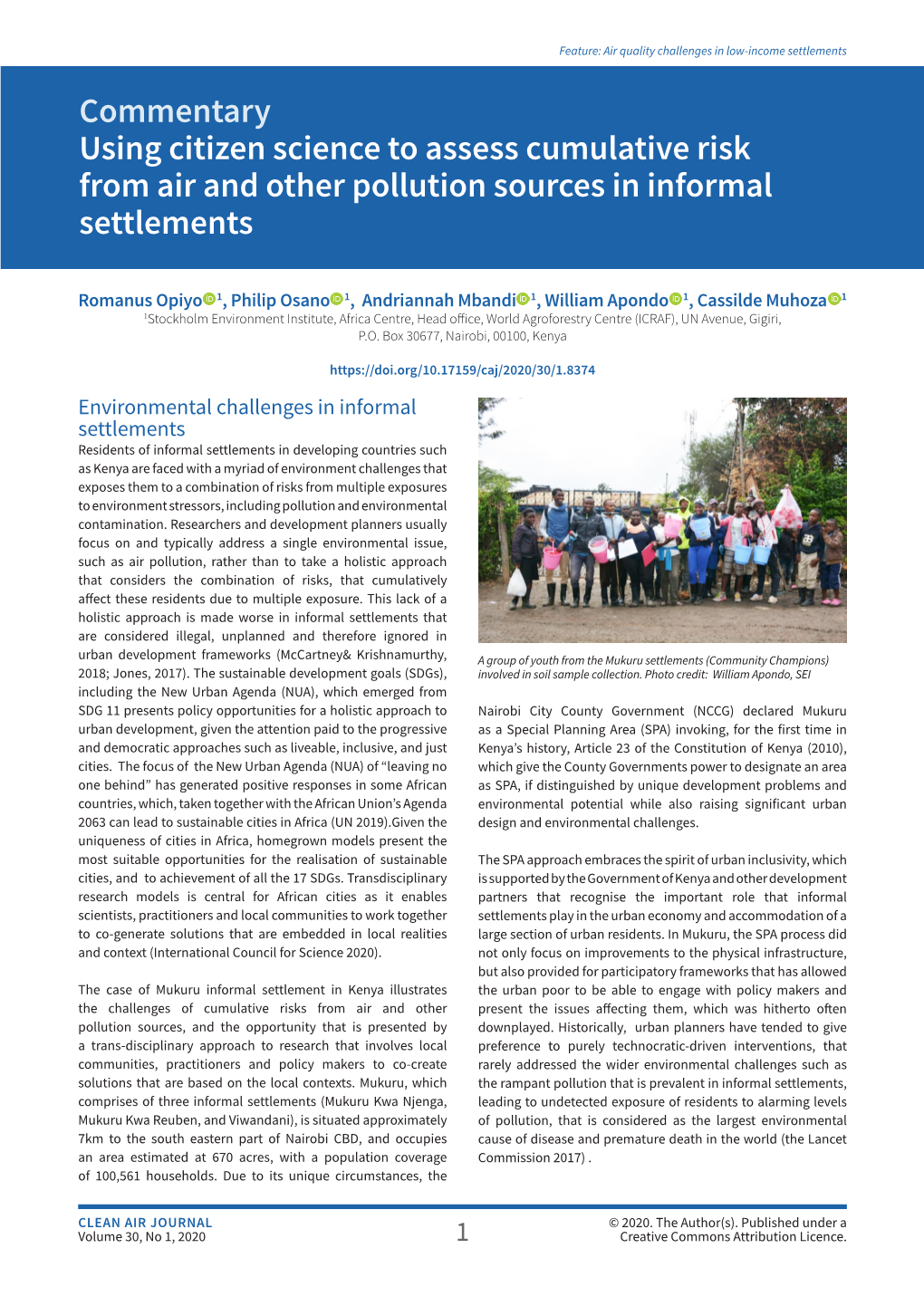 Commentary Using Citizen Science to Assess Cumulative Risk from Air and Other Pollution Sources in Informal Settlements