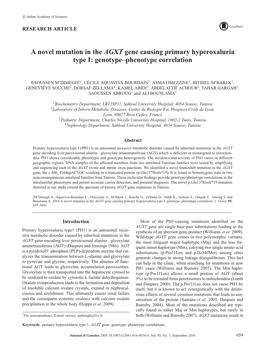 A Novel Mutation in the AGXT Gene Causing Primary Hyperoxaluria Type I: Genotype–Phenotype Correlation