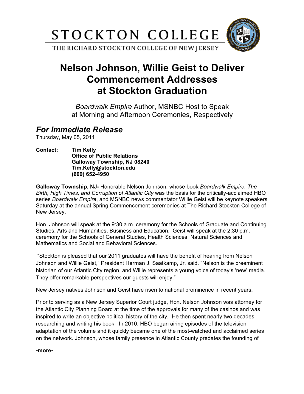 Nelson Johnson, Willie Geist to Deliver Commencement Addresses at Stockton Graduation