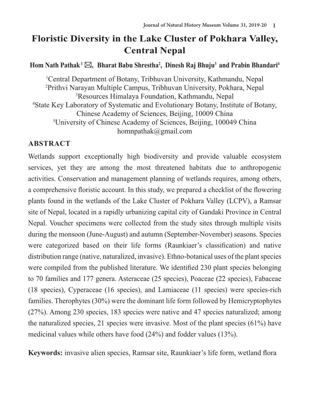 Floristic Diversity in the Lake Cluster of Pokhara Valley, Central Nepal