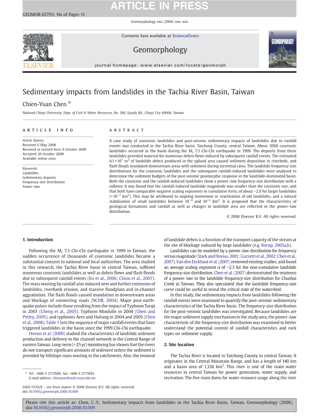 Sedimentary Impacts from Landslides in the Tachia River Basin, Taiwan