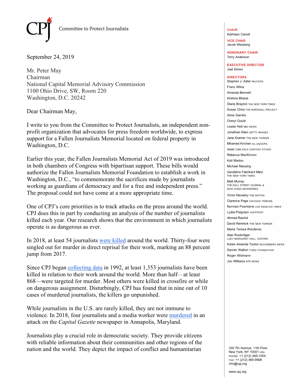 September 24, 2019 Mr. Peter May Chairman National Capital Memorial Advisory Commission 1100 Ohio Drive, SW, Room 220 Washington