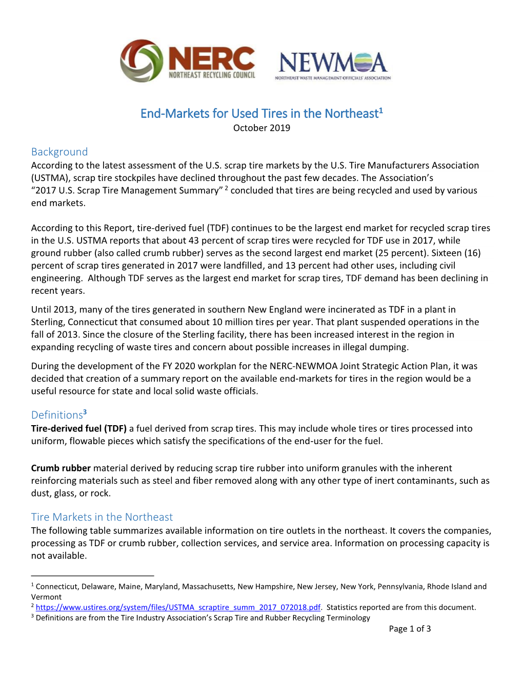 End-Markets for Used Tires in the Northeast1 October 2019