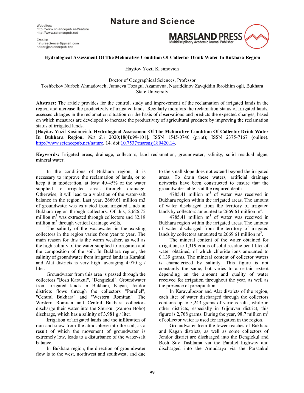 99 Hydrological Assessment of the Meliorative Condition of Collector