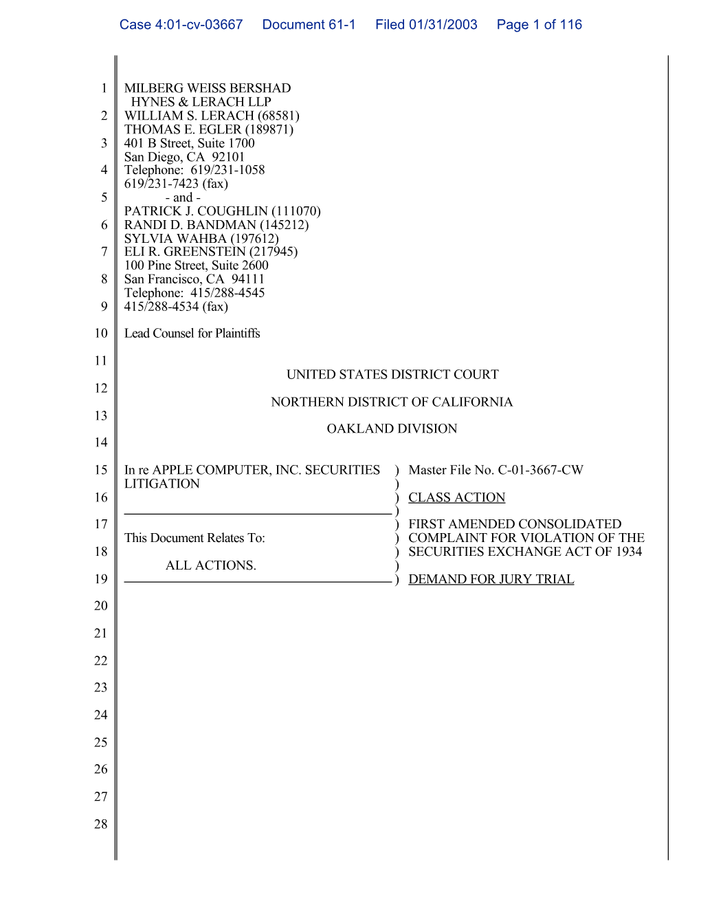 In Re Apple Computer, Inc., Securities Litigation 01-CV-3667-First