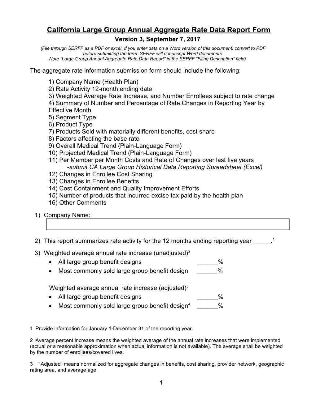 California Large Group Annual Aggregate Rate Data Report Form