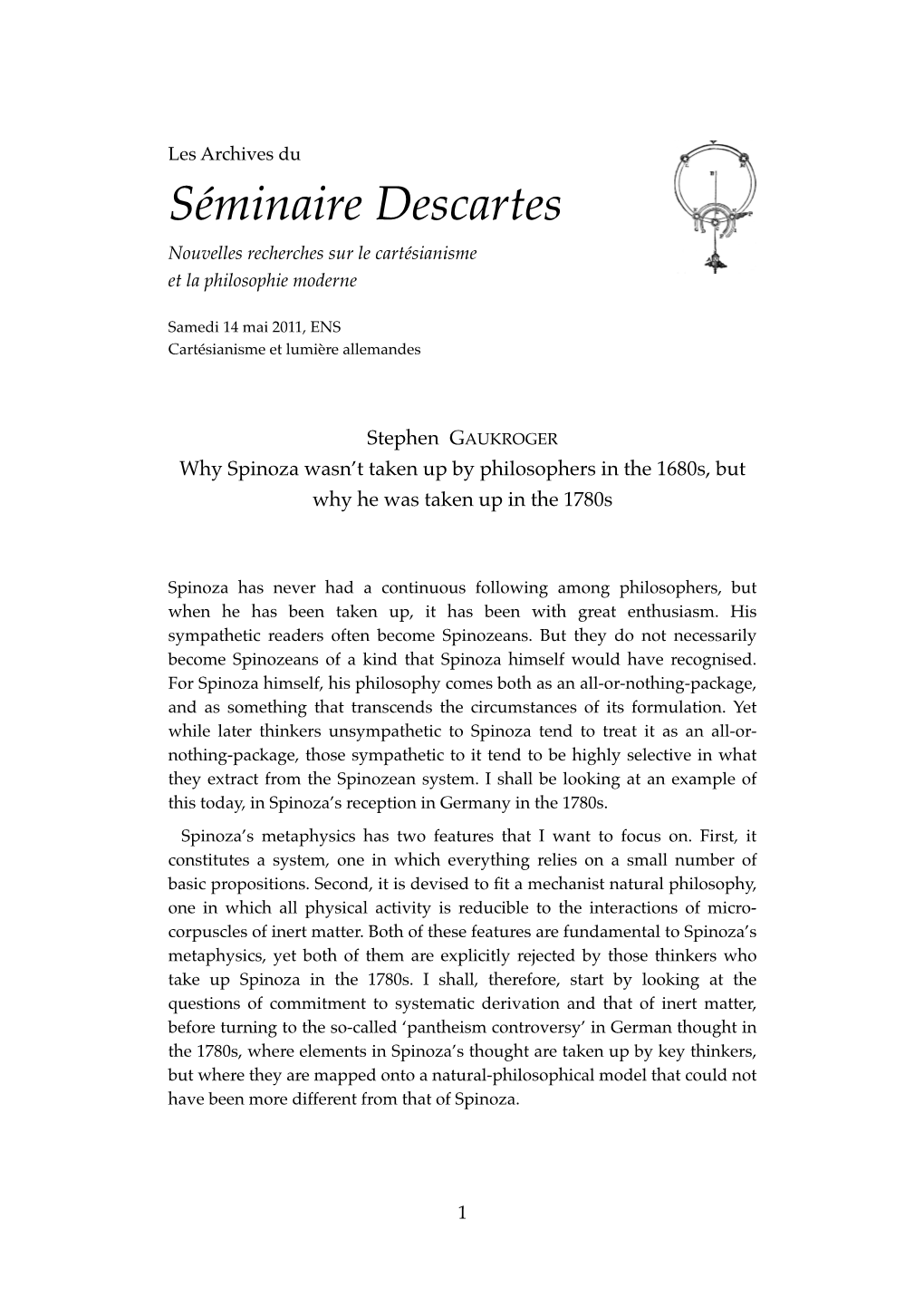 Séminaire Descartes Nouvelles Recherches Sur Le Cartésianisme Et La Philosophie Moderne