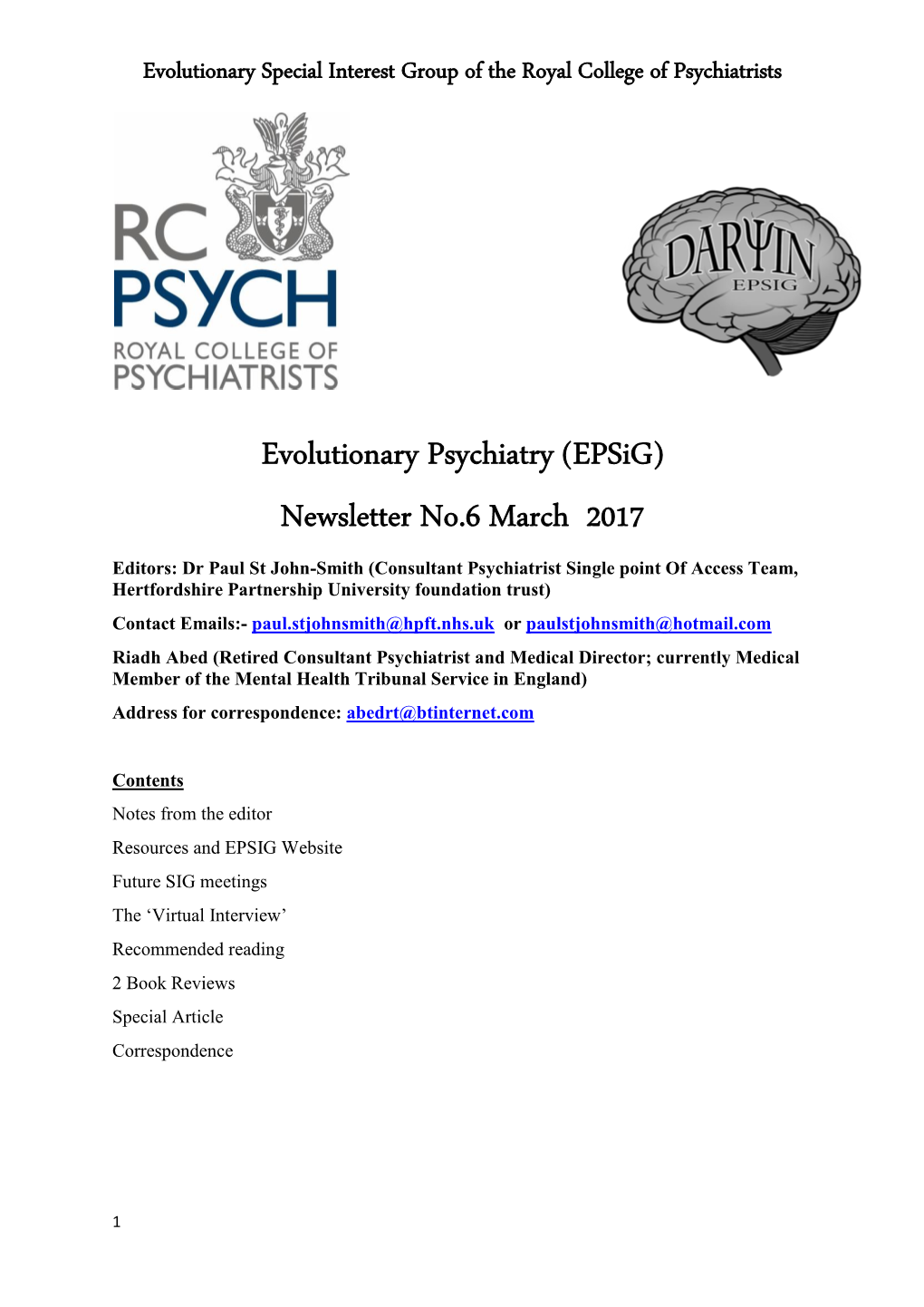 Evolutionary Psychiatry (Epsig) Newsletter No.6 March 2017