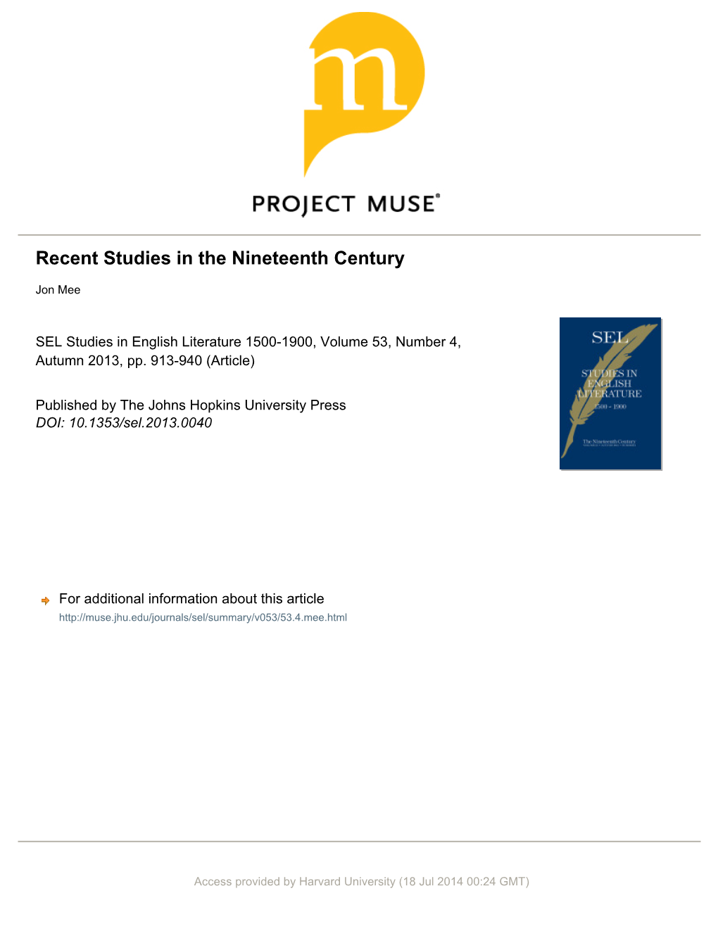 Recent Studies in the Nineteenth Century