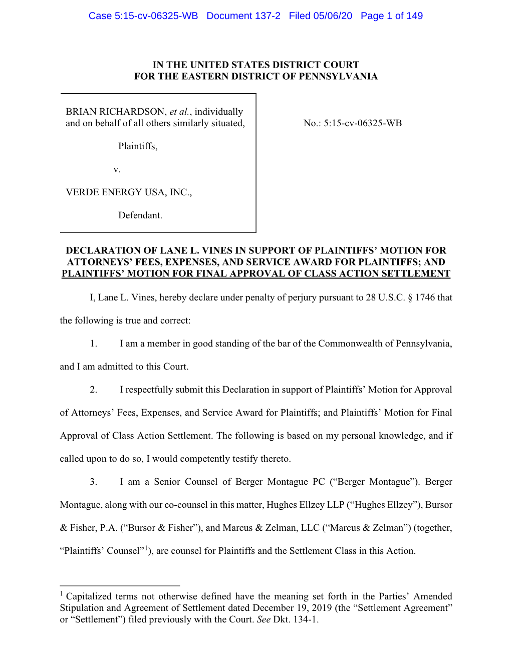 IN the UNITED STATES DISTRICT COURT for the EASTERN DISTRICT of PENNSYLVANIA BRIAN RICHARDSON, Et Al., Individually and on Behal