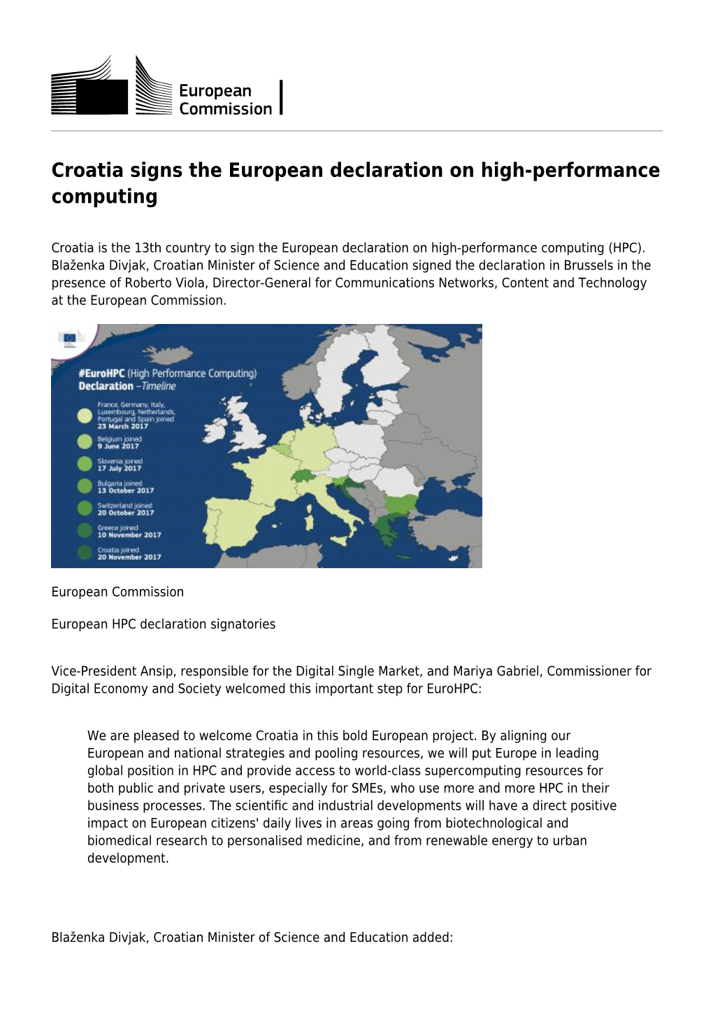 Croatia Signs the European Declaration on High-Performance Computing