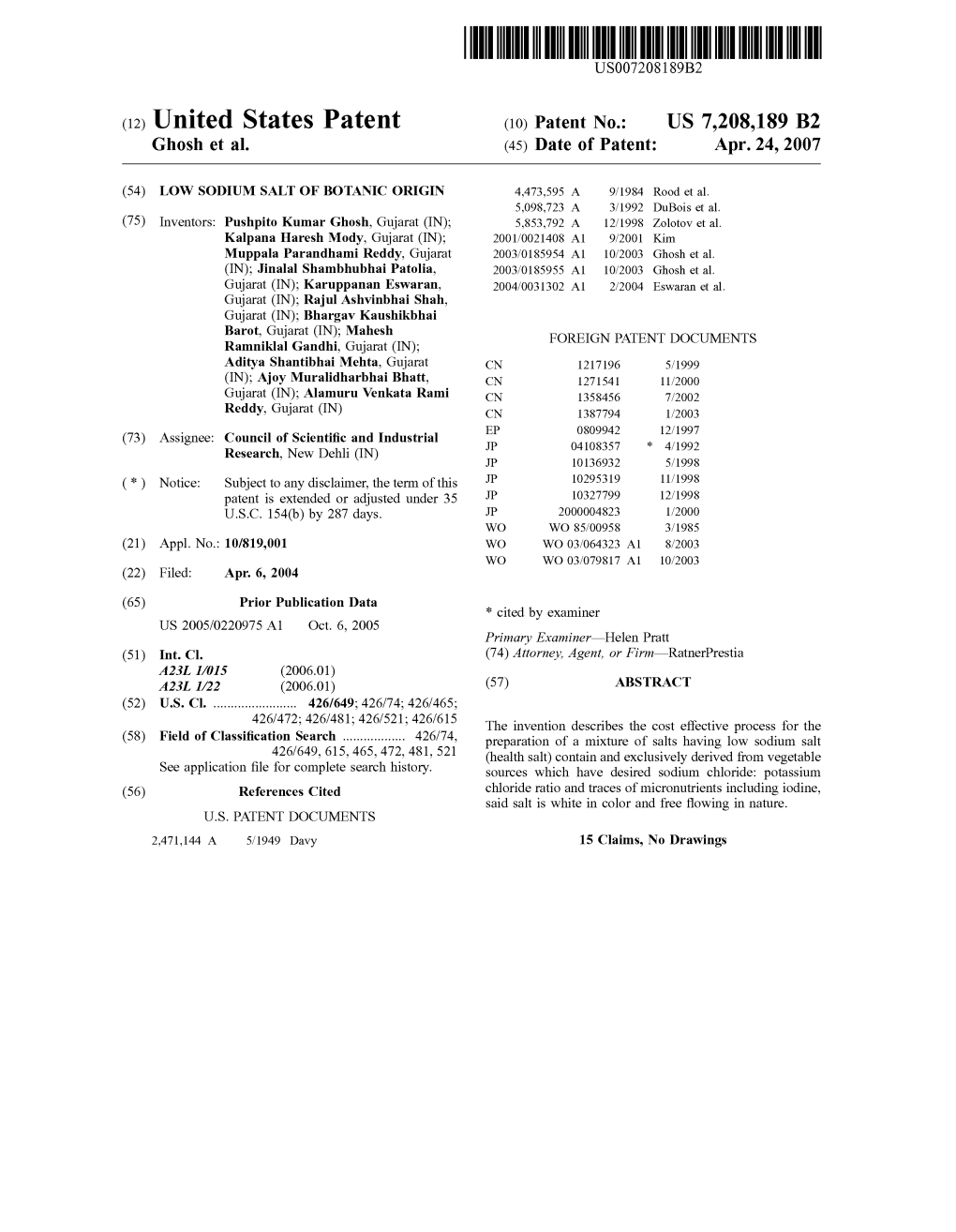 United States Patent (10) Patent No.: US 7,208,189 B2 Ghosh Et Al