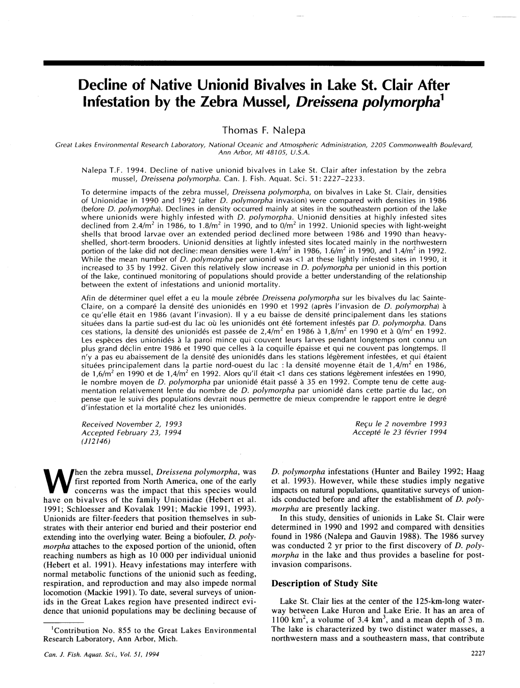 Decline of Native Unionid Bivalves in Lake St. Clair After L Nfestation by the Zebra Mussel, Dreissena Polymorphal