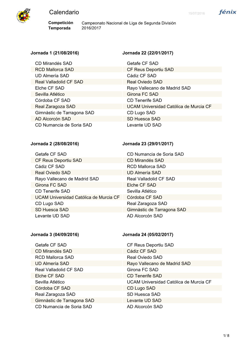 Calendario 15/07/2016