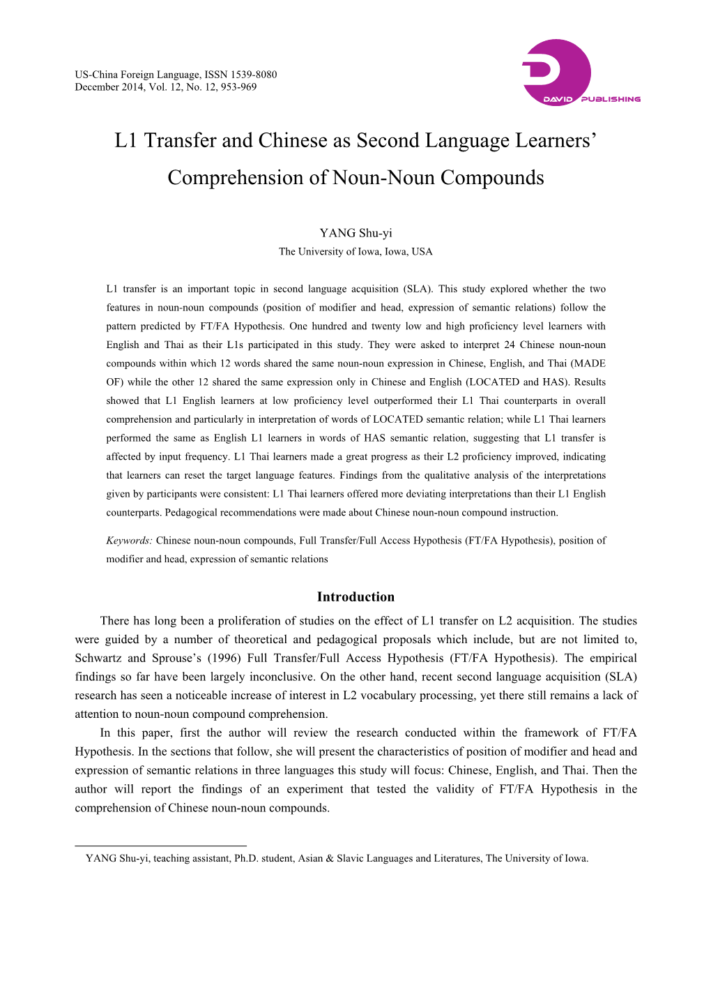L1 Transfer and Chinese As Second Language Learners’ Comprehension of Noun-Noun Compounds