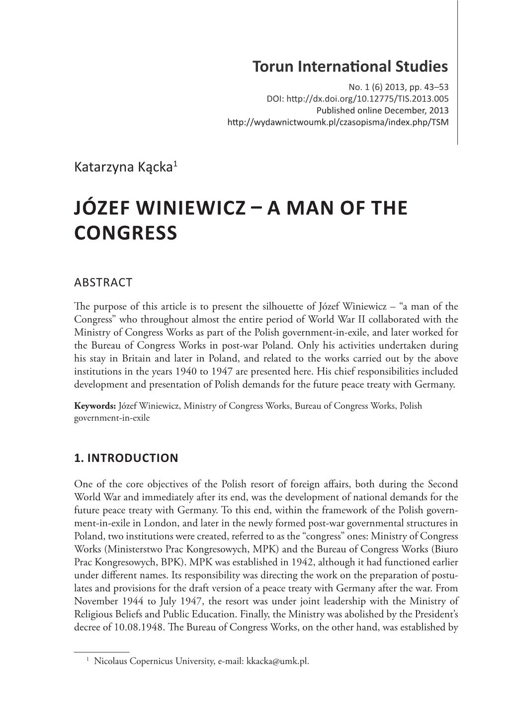 Józef Winiewicz – a Man of the Congress