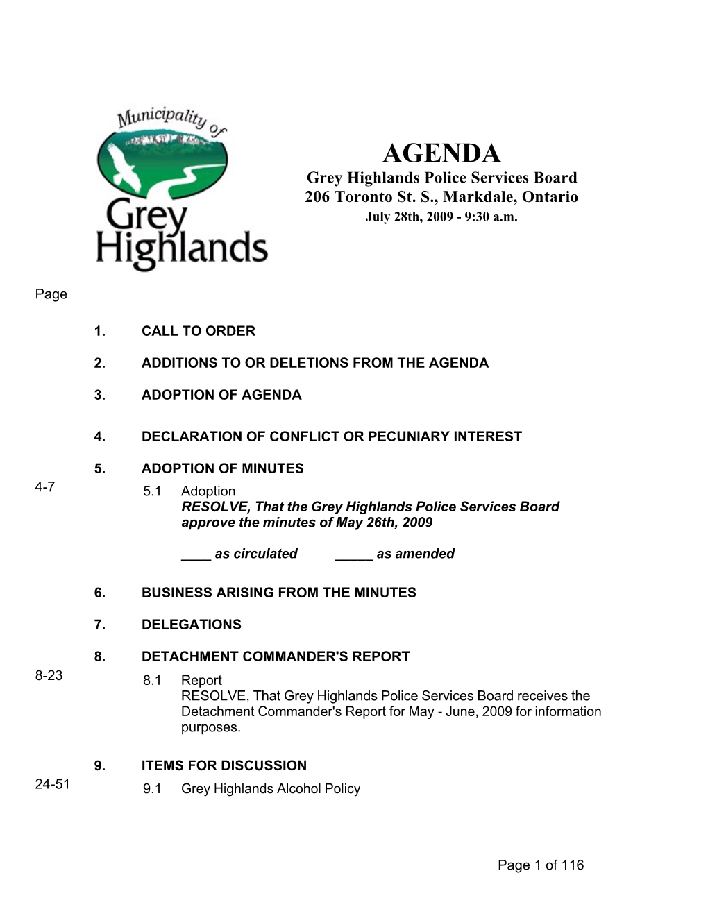 AGENDA Grey Highlands Police Services Board 206 Toronto St