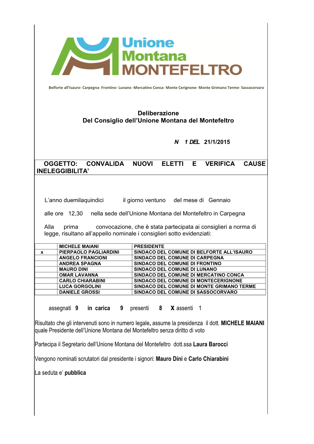 Deliberazione Del Consiglio Dell'unione Montana Del Montefeltro