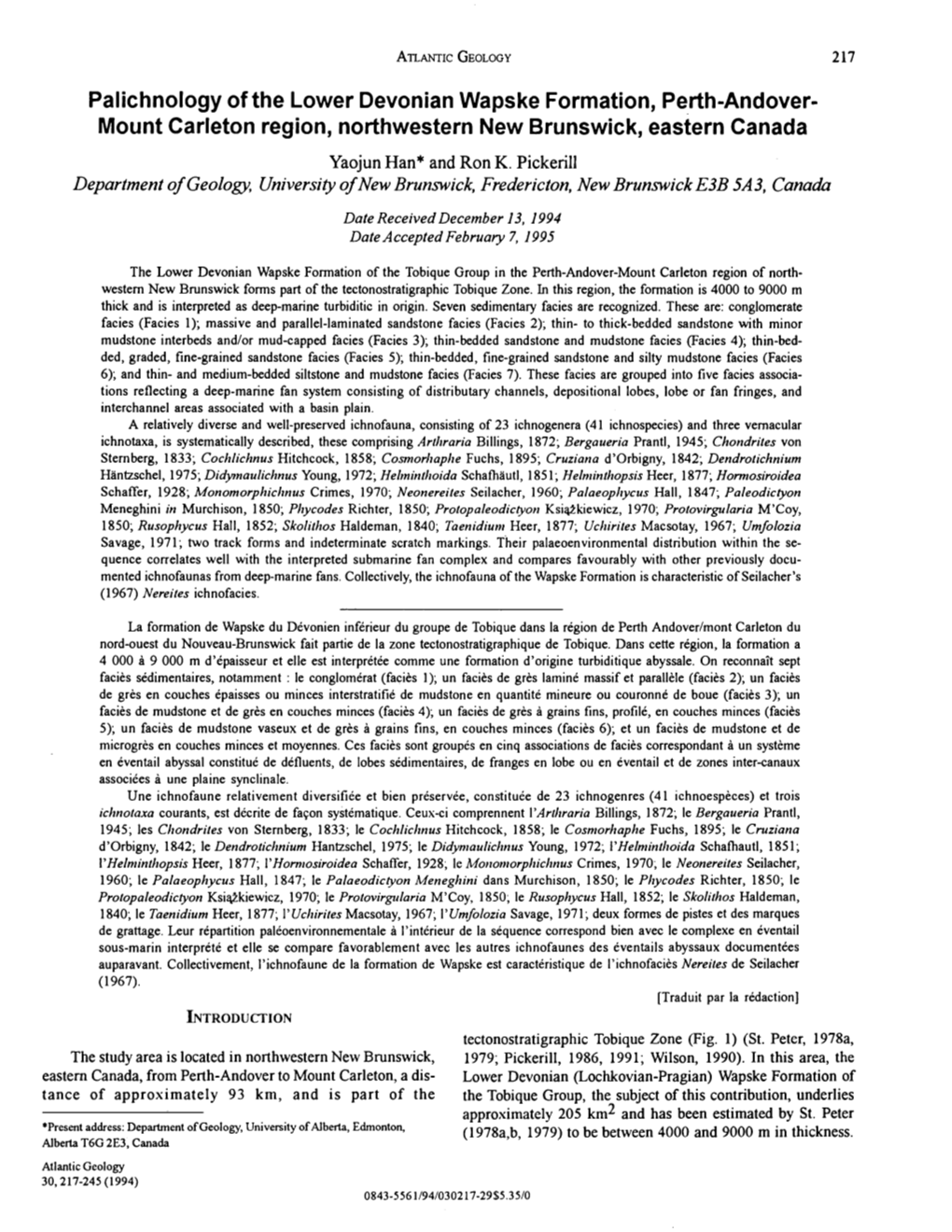 Palichnology of the Lower Devonian Wapske Formation, Perth-Andover- Mount Carleton Region, Northwestern New Brunswick, Eastern Canada