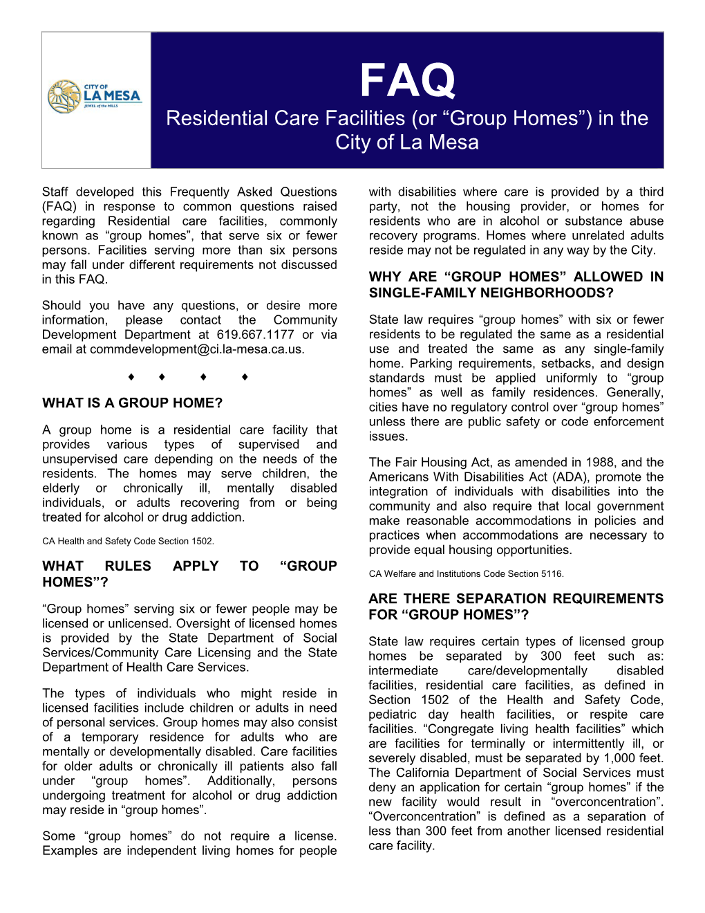 Residential Care Facilities (Or “Group Homes”) in the City of La Mesa