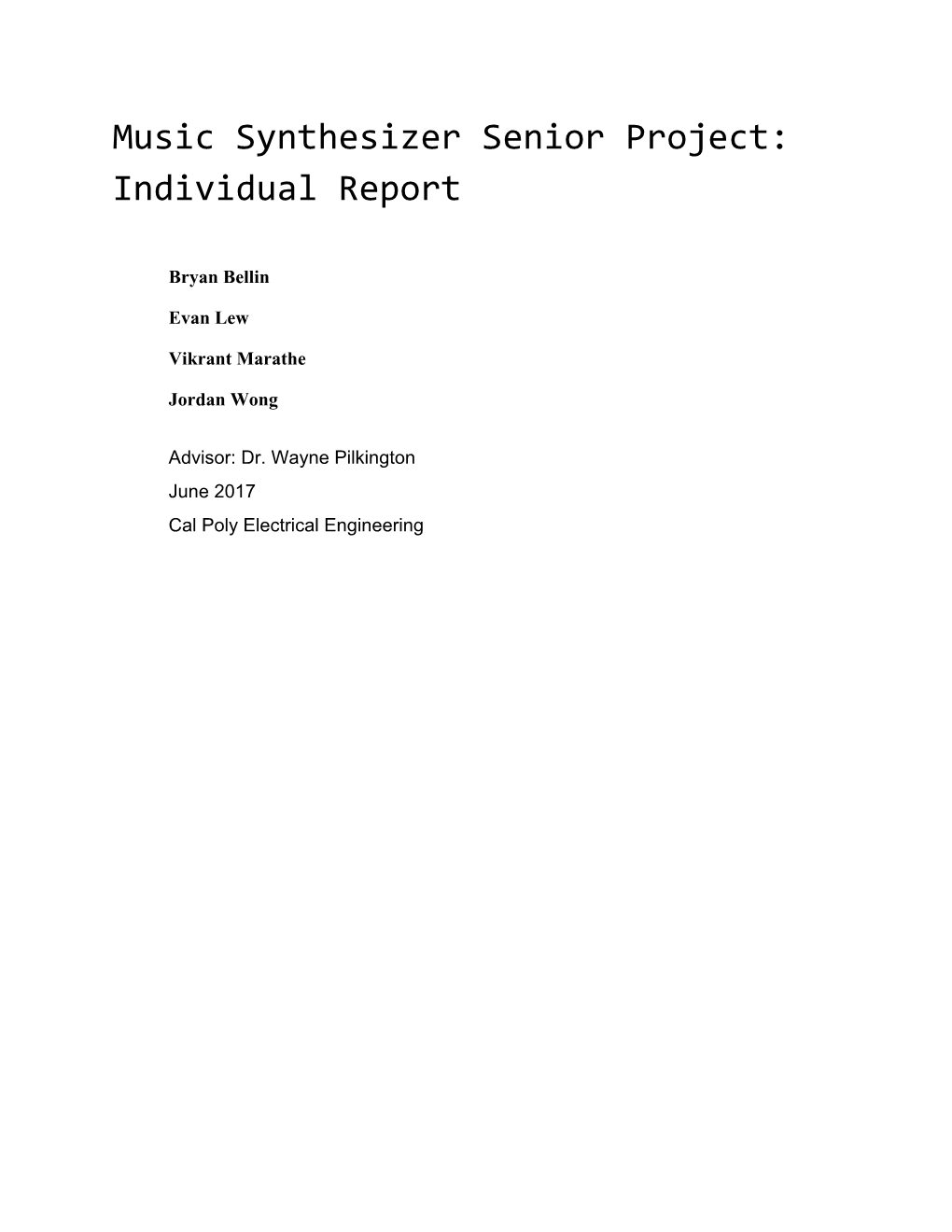 Music Synthesizer Senior Project: Individual Report