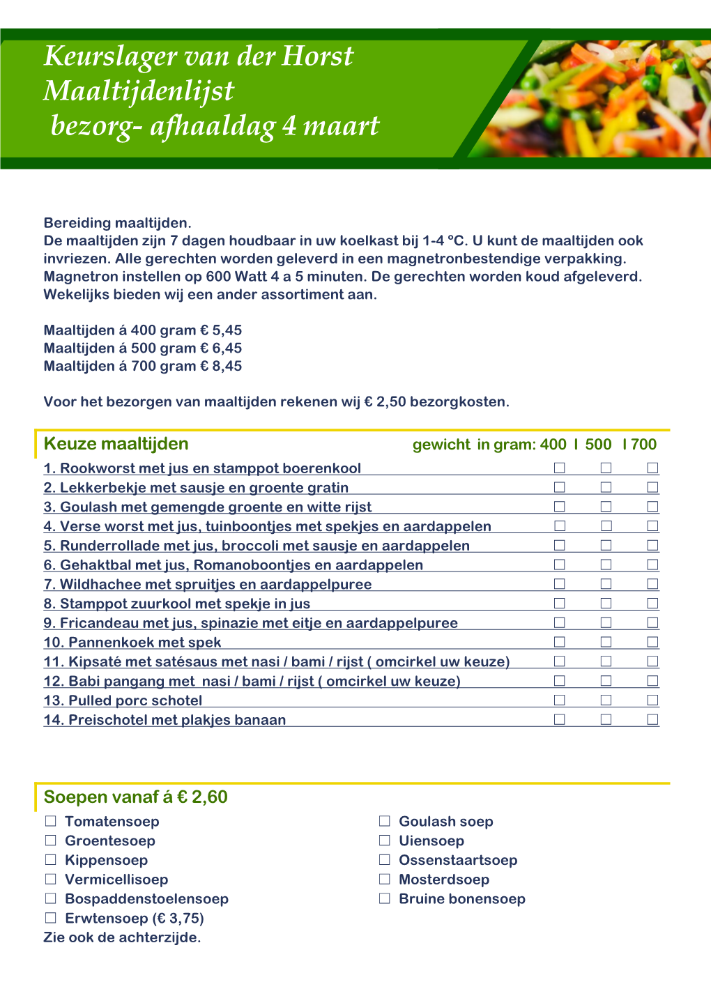 Keurslager Van Der Horst Maaltijdenlijst Bezorg- Afhaaldag 4 Maart