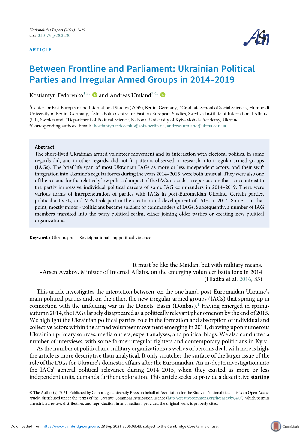 Between Frontline and Parliament: Ukrainian Political Parties and Irregular Armed Groups in 2014–2019