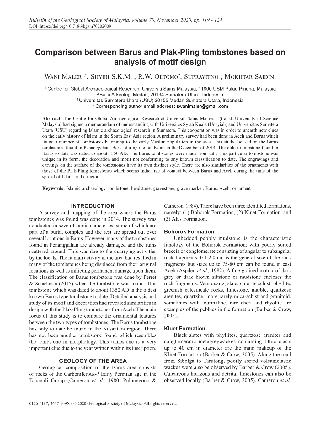 Comparison Between Barus and Plak-Pling Tombstones Based on Analysis of Motif Design Wani Maler1,*, Shyeh S.K.M.1, R.W