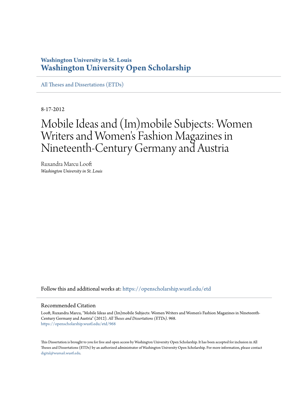 Women Writers and Women's Fashion Magazines in Nineteenth-Century Germany and Austria Ruxandra Marcu Looft Washington University in St