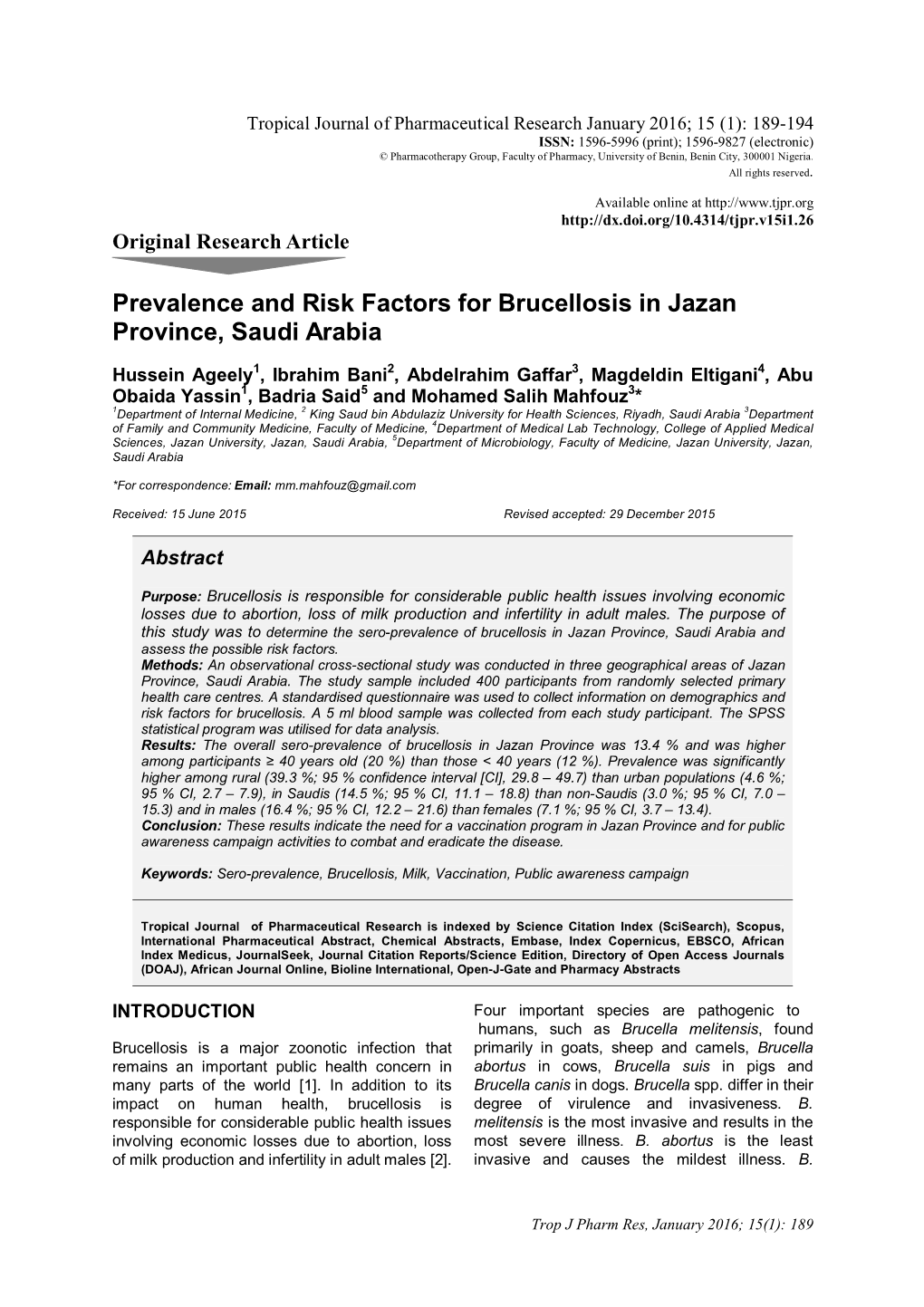 Prevalence and Risk Factors for Brucellosis in Jazan Province, Saudi Arabia