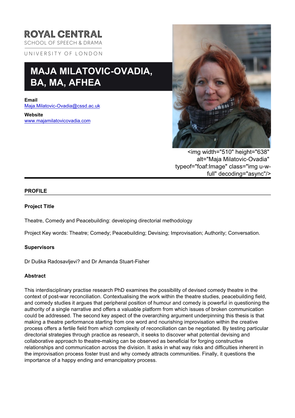 Maja Milatovic-Ovadia, Ba, Ma, Afhea