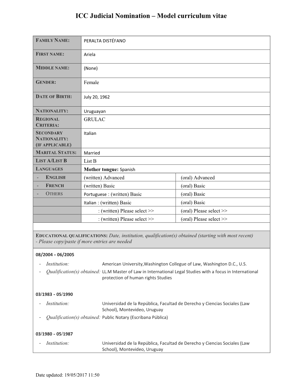 ICC Judicial Nomination – Model Curriculum Vitae