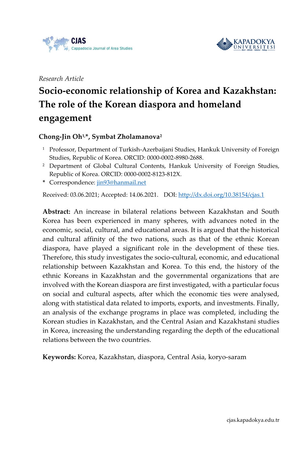 Socio-Economic Relationship of Korea and Kazakhstan: the Role of the Korean Diaspora and Homeland Engagement