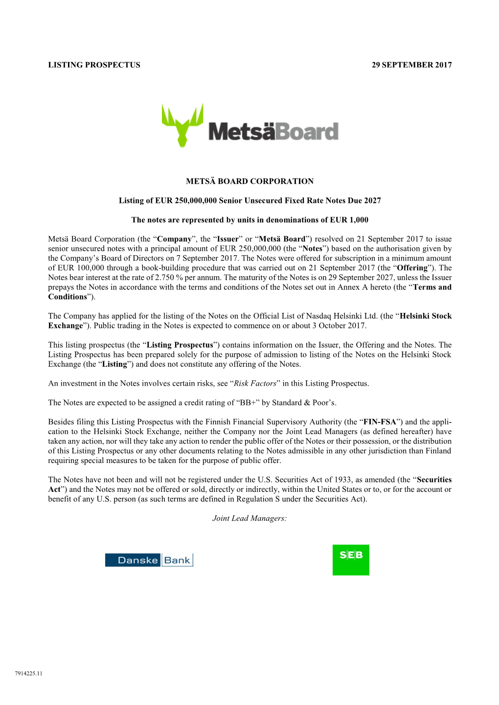 Listing Prospectus 29 September 2017 Metsä Board