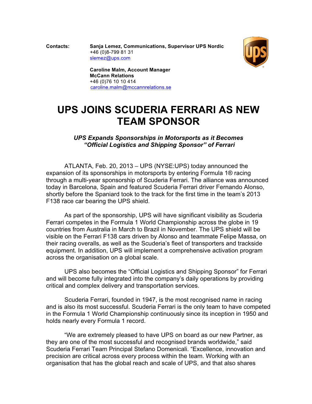 Ups Joins Scuderia Ferrari As New Team Sponsor