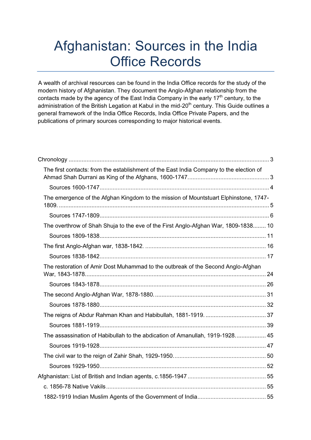 Afghanistan: Sources in the India Office Records