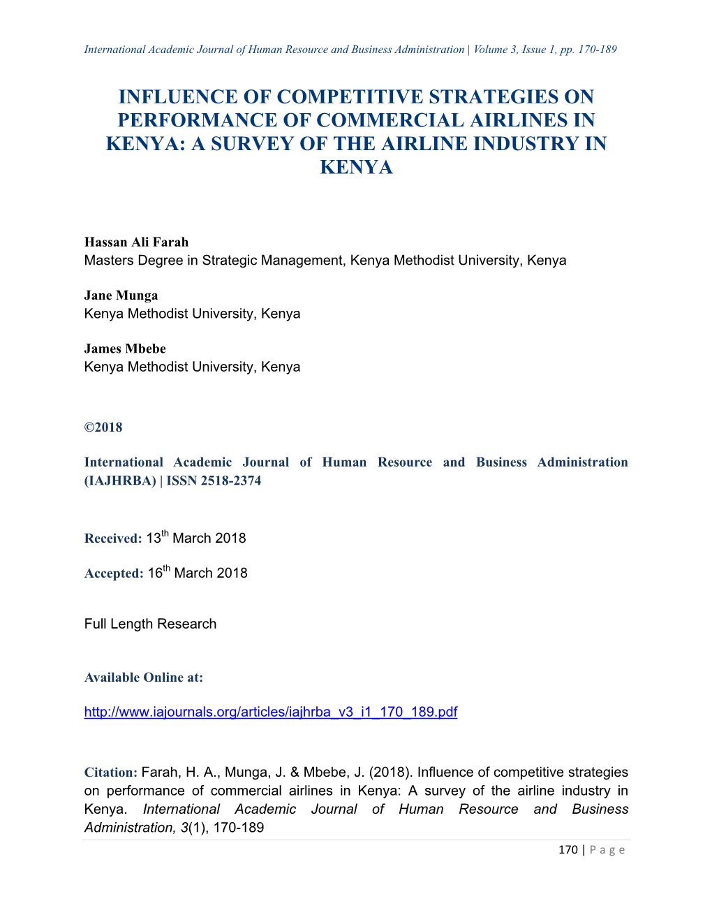Influence of Competitive Strategies on Performance of Commercial Airlines in Kenya: a Survey of the Airline Industry in Kenya