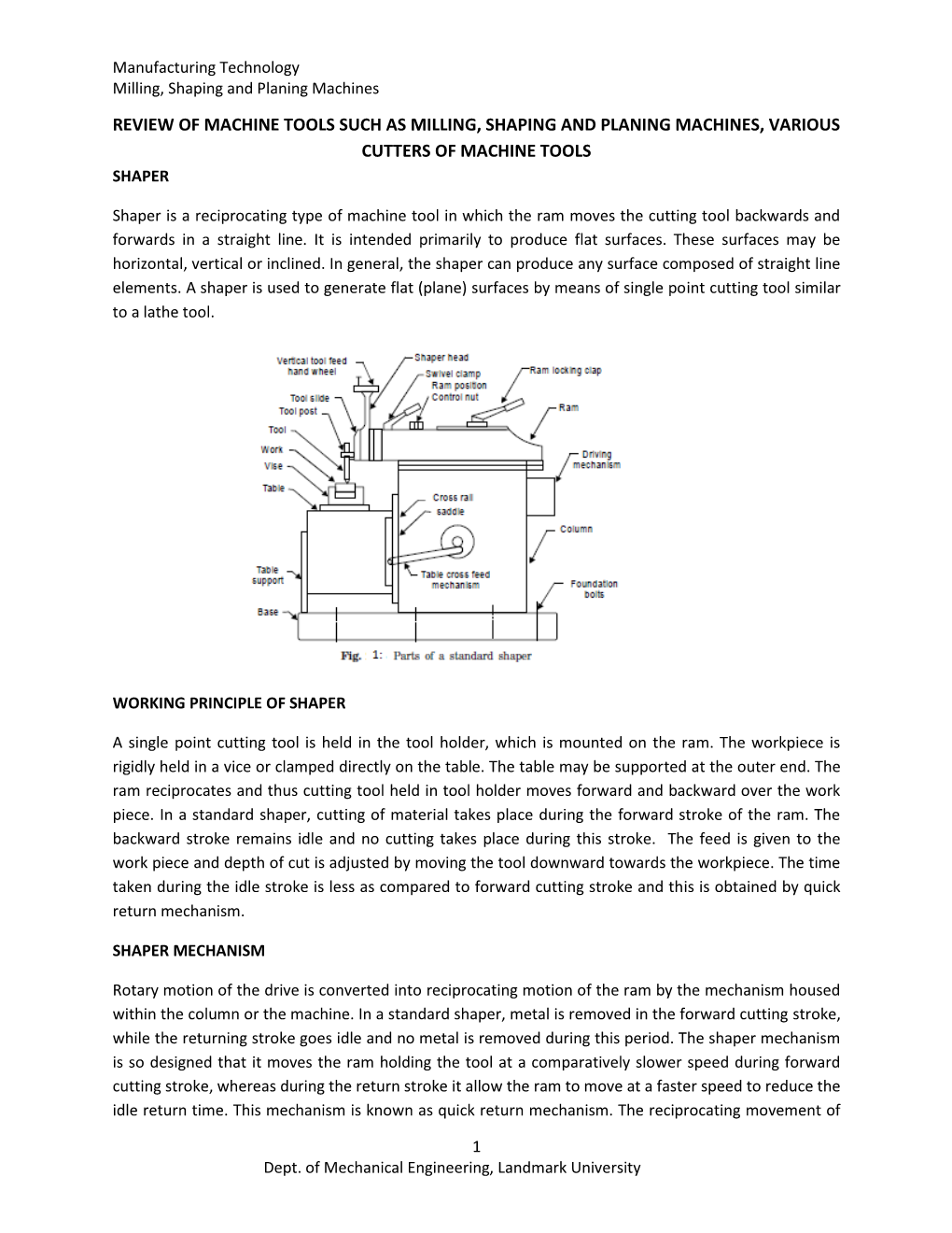 Review of Machine Tools Such As Milling, Shaping and Planing Machines, Various Cutters of Machine Tools Shaper