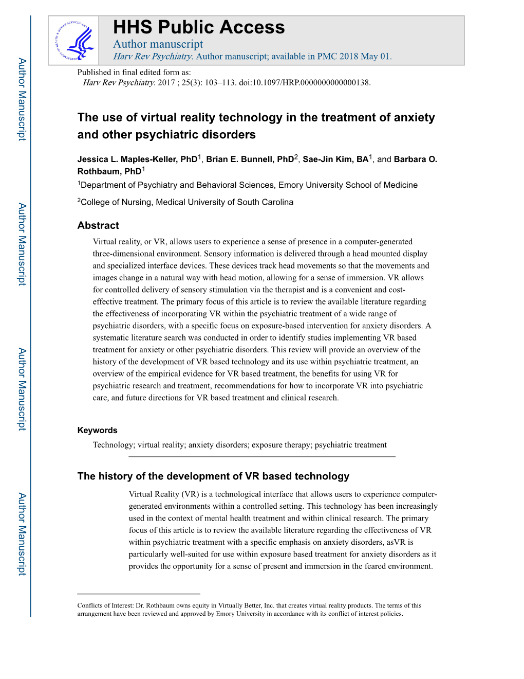 The Use of Virtual Reality Technology in the Treatment of Anxiety and Other Psychiatric Disorders