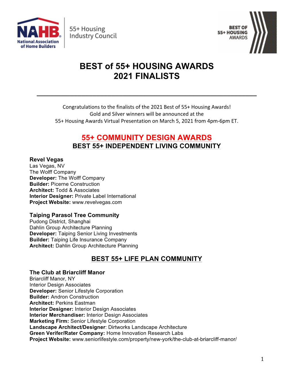 2021 Best of 55+ Housing Awards Finalists