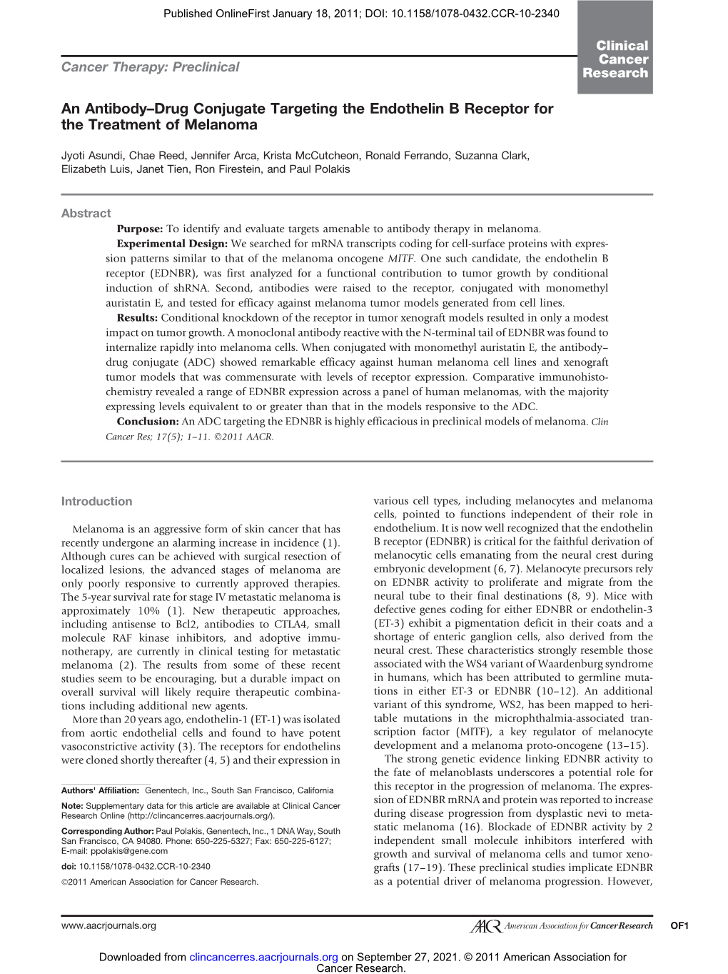 An Antibody–Drug Conjugate Targeting the Endothelin B Receptor for the Treatment of Melanoma