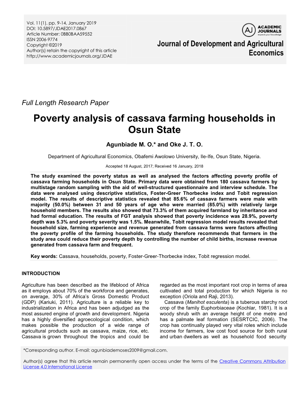 Poverty Analysis of Cassava Farming Households in Osun State