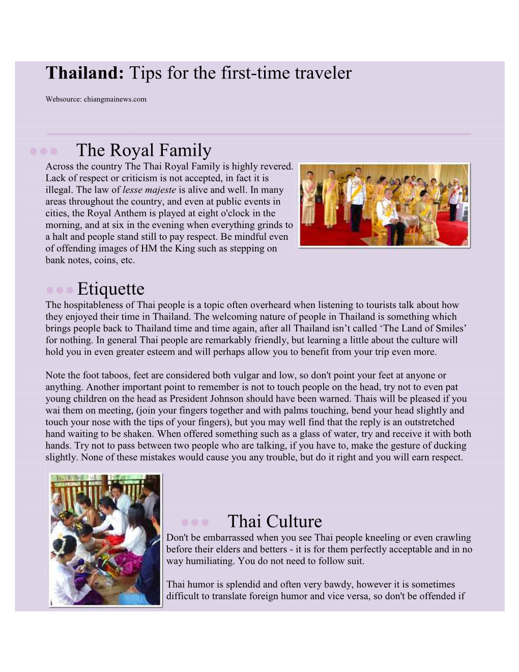 Thailand: Tips for the First-Time Traveler the Royal Family Etiquette Thai Culture