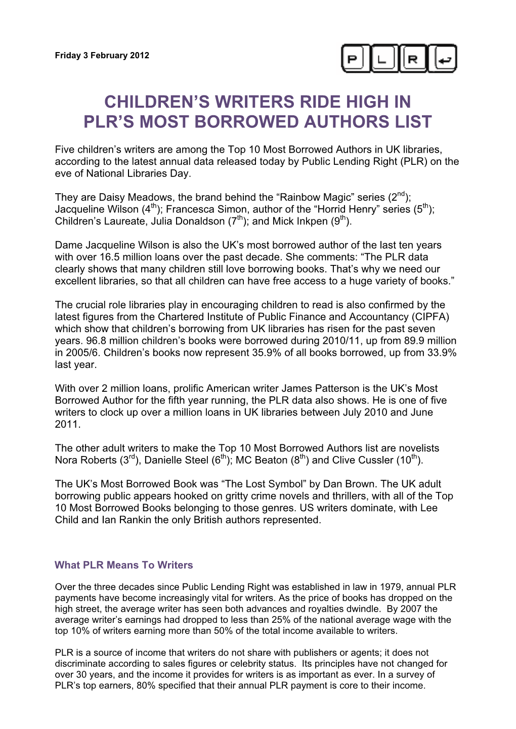 Children's Writers Ride High in Plr's Most Borrowed