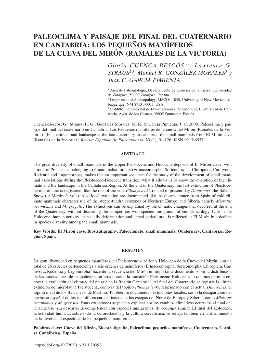 Paleoclima Y Paisaje Del Final Del Cuaternario En Cantabria: Los Pequeños Mamíferos De La Cueva Del Mirón (Ramales De La Vict