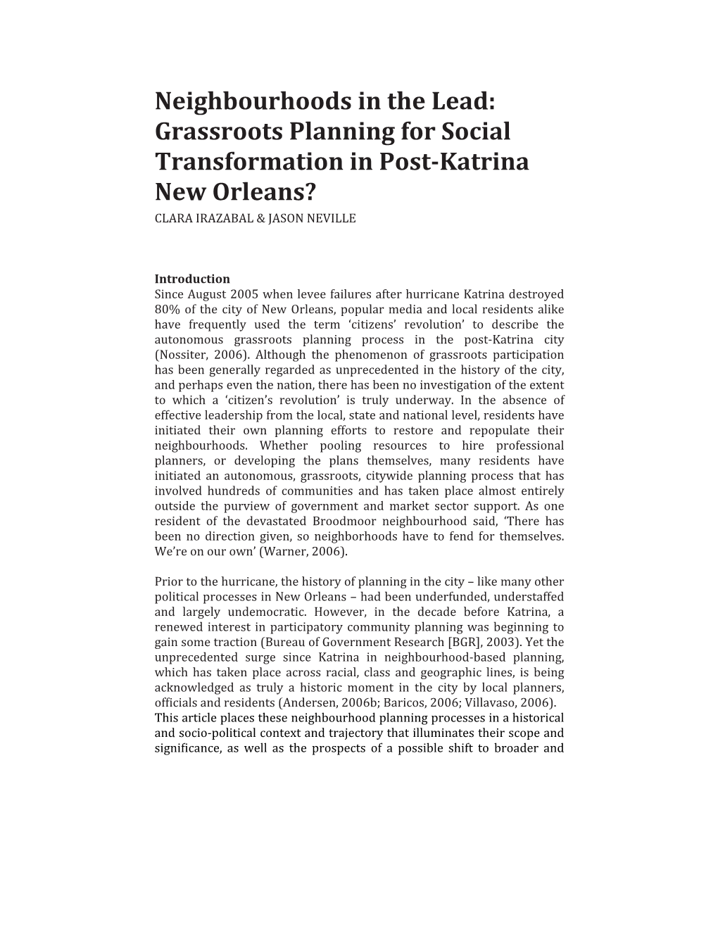 Grassroots Planning for Social Transformation in Post-Katrina New