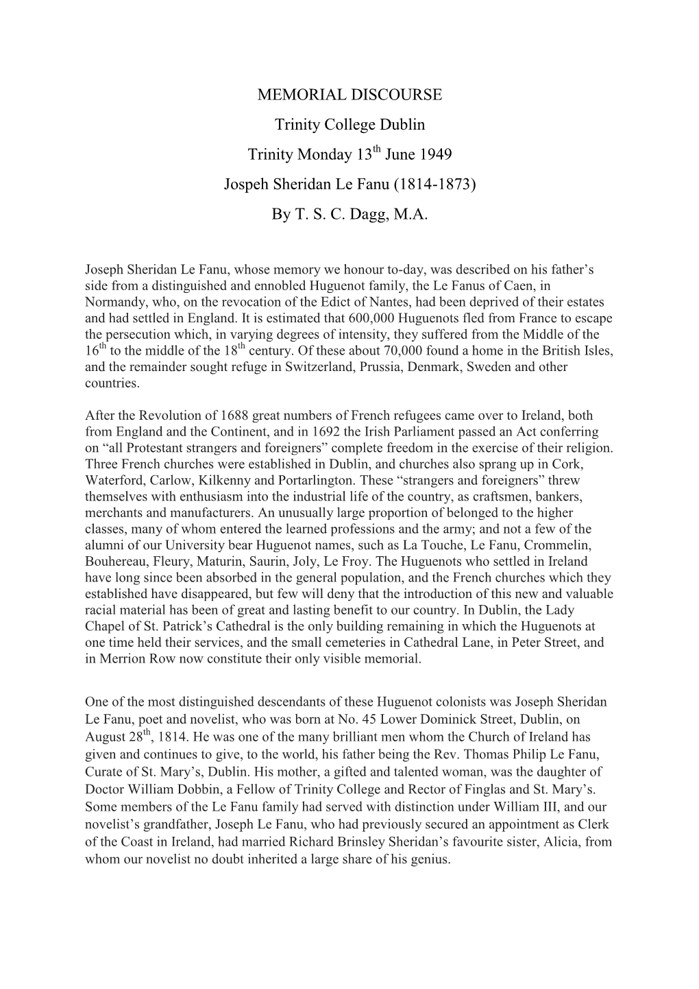 June 1949 Jospeh Sheridan Le Fanu (1814-1873) by TSC Dagg, MA