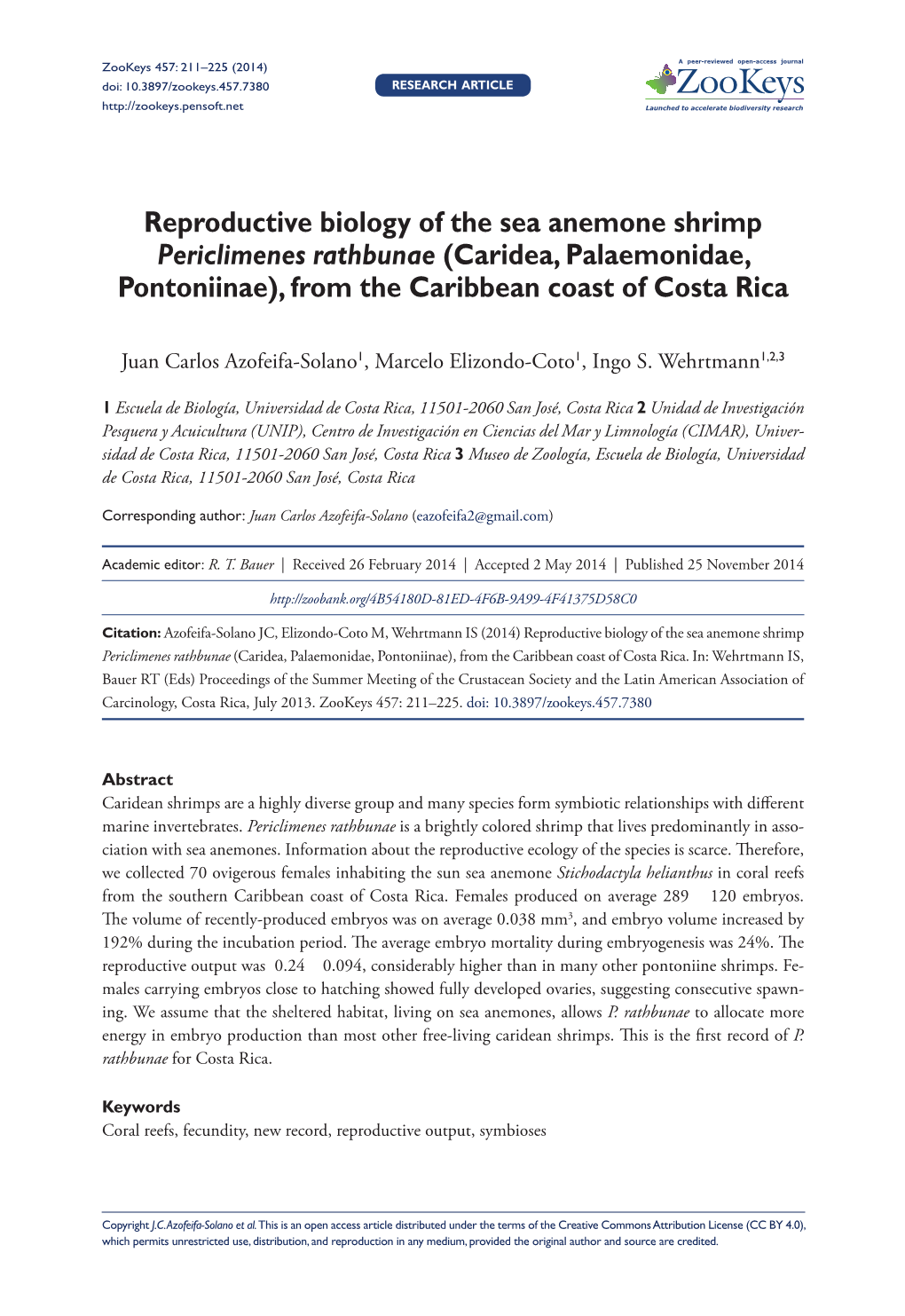 Reproductive Biology of the Sea Anemone Shrimp Periclimenes Rathbunae (Caridea, Palaemonidae, Pontoniinae), from the Caribbean Coast of Costa Rica