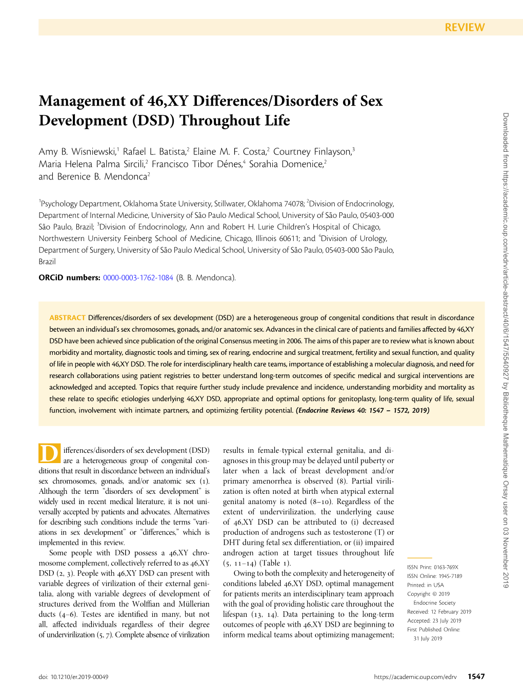 Management of 46,XY Differences/Disorders of Sex Development (DSD) Throughout Life